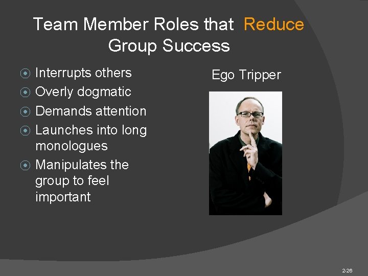 Team Member Roles that Reduce Group Success ⦿ ⦿ ⦿ Interrupts others Overly dogmatic Team Member Roles that Reduce Group Success ⦿ ⦿ ⦿ Interrupts others Overly dogmatic