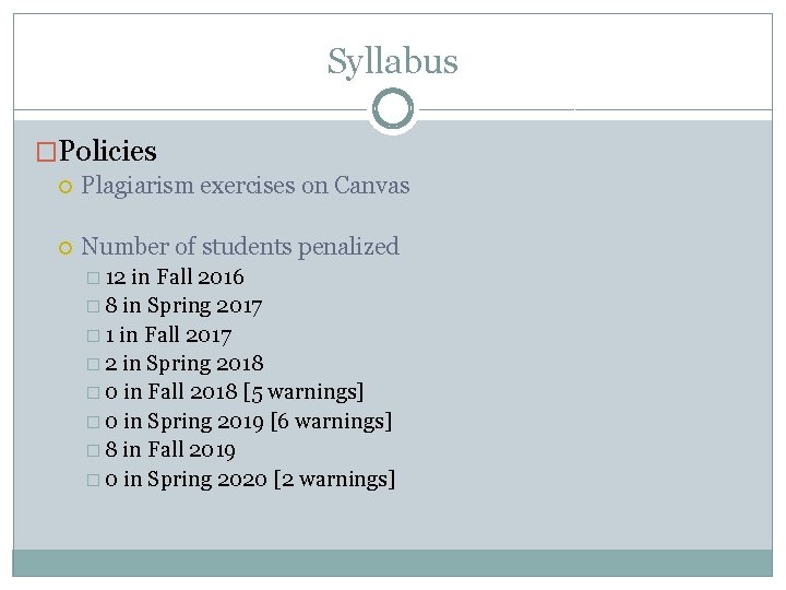 Syllabus �Policies Plagiarism exercises on Canvas Number of students penalized � 12 in Fall