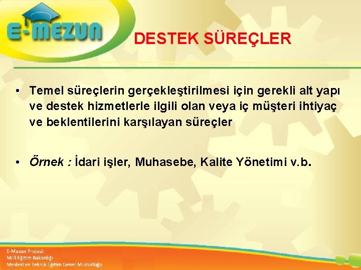 DESTEK SÜREÇLER • Temel süreçlerin gerçekleştirilmesi için gerekli alt yapı ve destek hizmetlerle ilgili