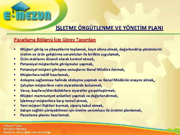 İŞLETME ÖRGÜTLENME VE YÖNETİM PLANI Pazarlama Bölümü İçin Görev Tanımları • • • •