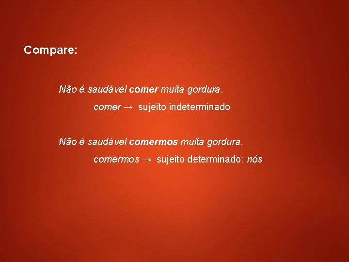 Compare: Não é saudável comer muita gordura. comer → sujeito indeterminado Não é saudável