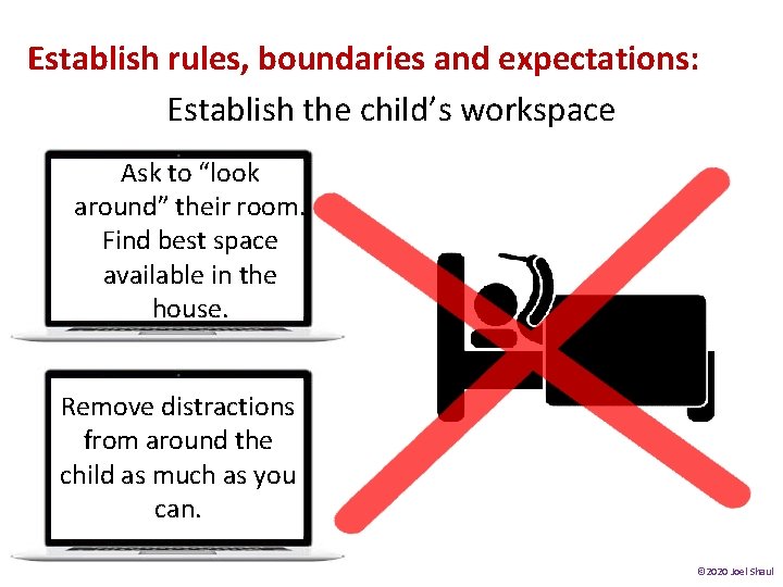 Establish rules, boundaries and expectations: Establish the child’s workspace Ask to “look around” their Establish rules, boundaries and expectations: Establish the child’s workspace Ask to “look around” their