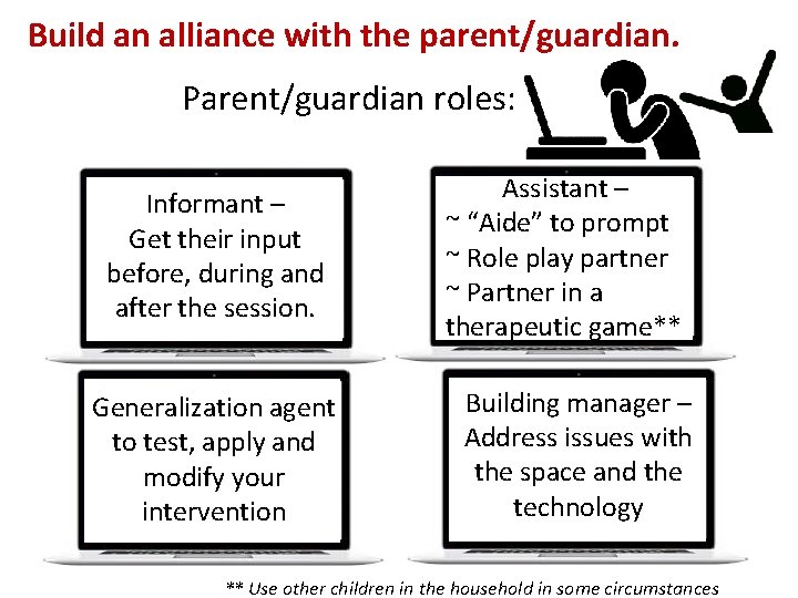 Build an alliance with the parent/guardian. Parent/guardian roles: Informant – Get their input h Build an alliance with the parent/guardian. Parent/guardian roles: Informant – Get their input h