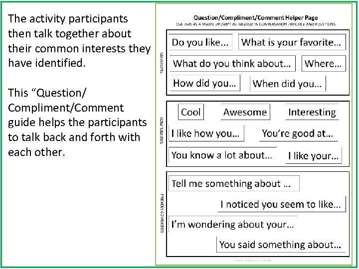 The activity participants then talk together about their common interests they have identified. This The activity participants then talk together about their common interests they have identified. This