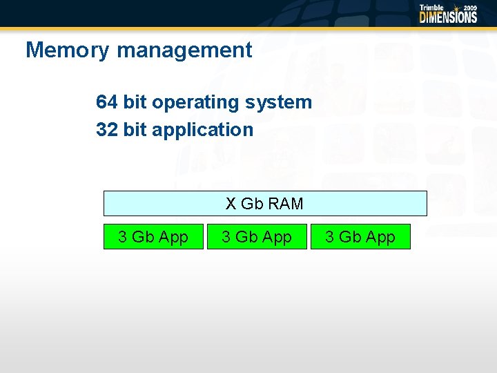 Memory management 64 bit operating system 32 bit application X Gb RAM 3 Gb