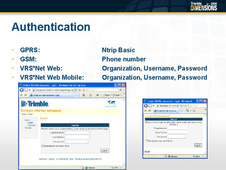 Authentication • • GPRS: GSM: VRS³Net Web Mobile: Ntrip Basic Phone number Organization, Username,