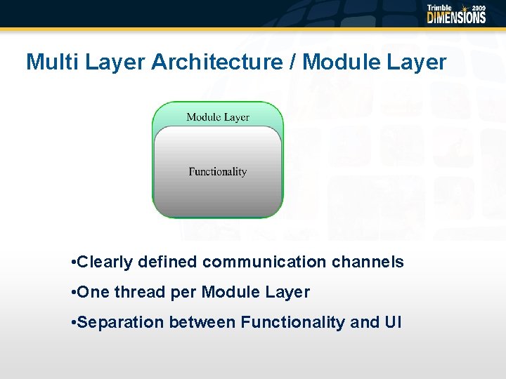 Multi Layer Architecture / Module Layer • Clearly defined communication channels • One thread