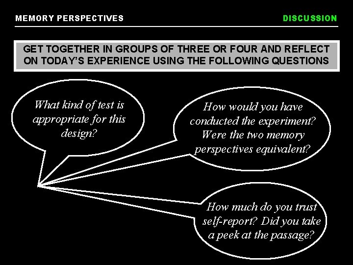 MEMORY PERSPECTIVES DISCUSSION GET TOGETHER IN GROUPS OF THREE OR FOUR AND REFLECT ON