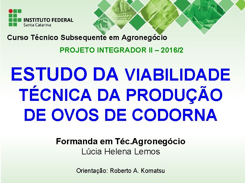 Curso Técnico Subsequente em Agronegócio PROJETO INTEGRADOR II – 2016/2 ESTUDO DA VIABILIDADE TÉCNICA