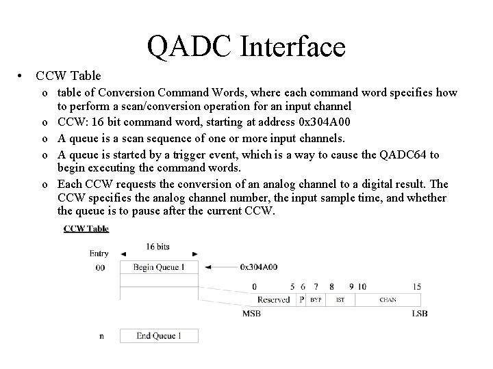 QADC Interface • CCW Table o table of Conversion Command Words, where each command