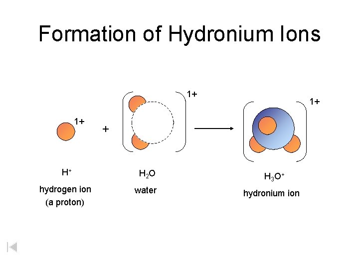 Formation of Hydronium Ions 1+ 1+ 1+ + H+ H 2 O hydrogen ion