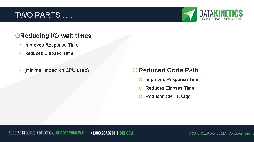 TWO PARTS …. Reducing I/O wait times • Improves Response Time • Reduces Elapsed