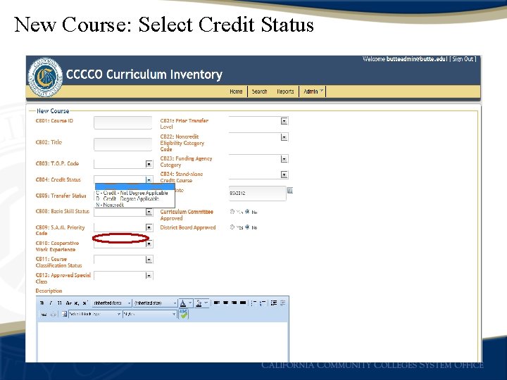 New Course: Select Credit Status 