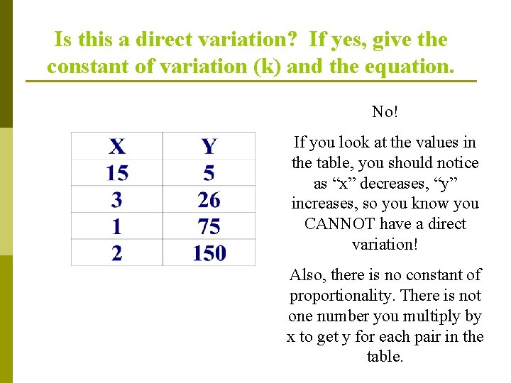 Is this a direct variation? If yes, give the constant of variation (k) and