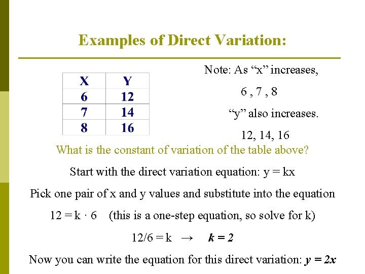 Examples of Direct Variation: Note: As “x” increases, 6, 7, 8 “y” also increases.