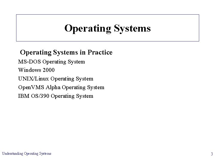 Operating Systems in Practice MS-DOS Operating System Windows 2000 UNIX/Linux Operating System Open. VMS