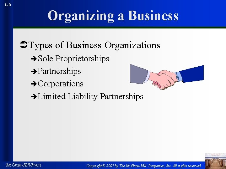 1 - 8 Organizing a Business ÜTypes of Business Organizations èSole Proprietorships èPartnerships èCorporations