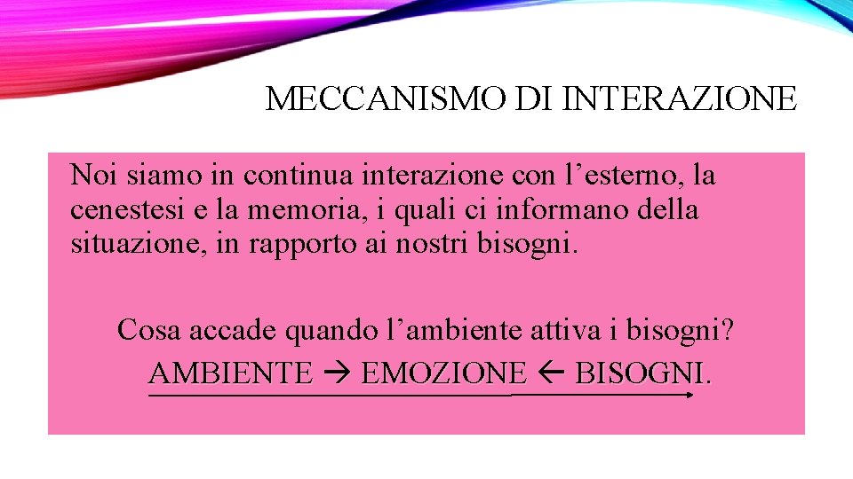 MECCANISMO DI INTERAZIONE Noi siamo in continua interazione con l’esterno, la cenestesi e la