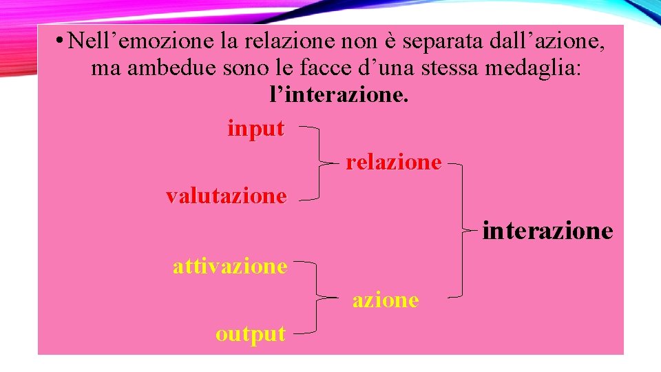  • Nell’emozione la relazione non è separata dall’azione, ma ambedue sono le facce