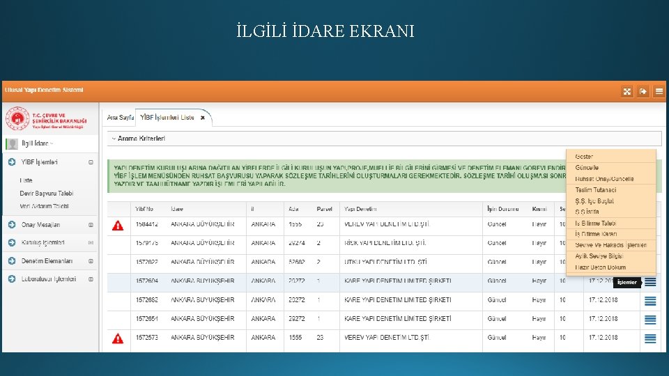 İLGİLİ İDARE EKRANI 