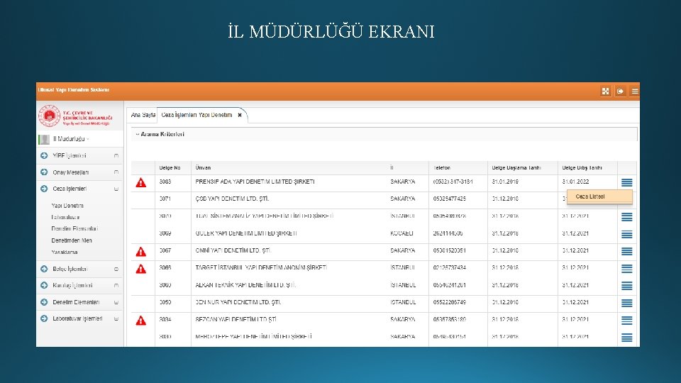 İL MÜDÜRLÜĞÜ EKRANI 