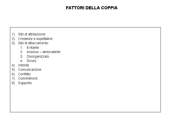 FATTORI DELLA COPPIA 1) Stili di attribuzione 2) Credenze e aspettative 3) Stili di