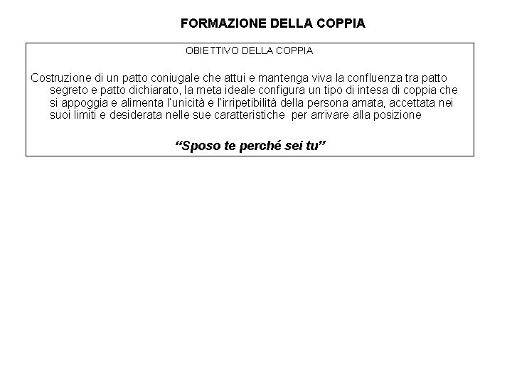 FORMAZIONE DELLA COPPIA OBIETTIVO DELLA COPPIA Costruzione di un patto coniugale che attui e