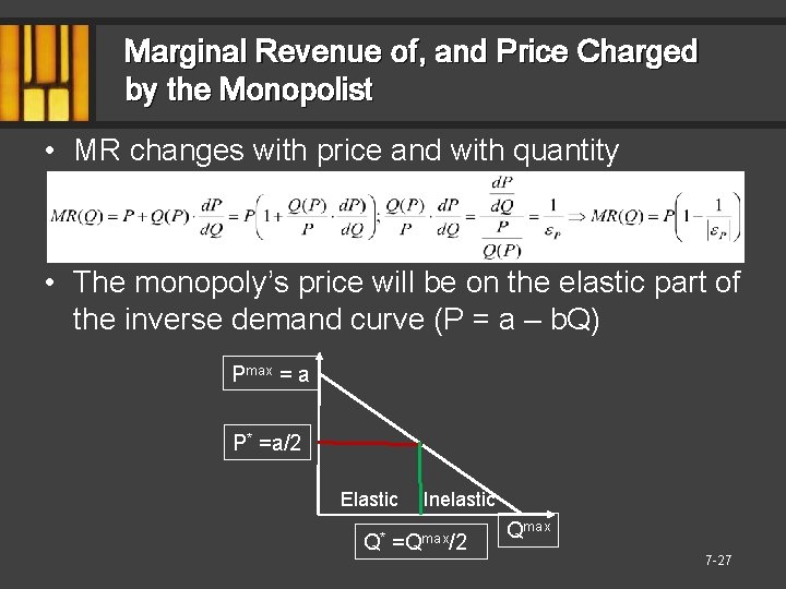 Marginal Revenue of, and Price Charged by the Monopolist • MR changes with price