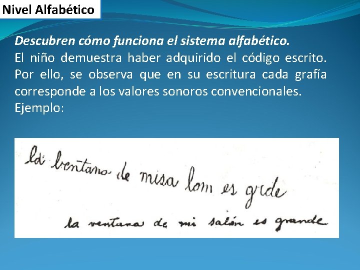 Nivel Alfabético Descubren cómo funciona el sistema alfabético. El niño demuestra haber adquirido el