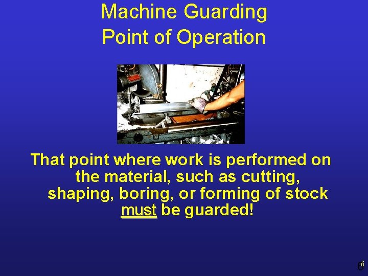 Machine Guarding Point of Operation That point where work is performed on the material,