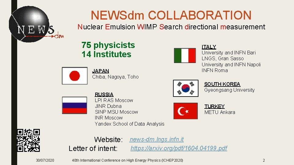 NEWSdm COLLABORATION Nuclear Emulsion WIMP Search directional measurement 75 physicists 14 Institutes JAPAN Chiba,
