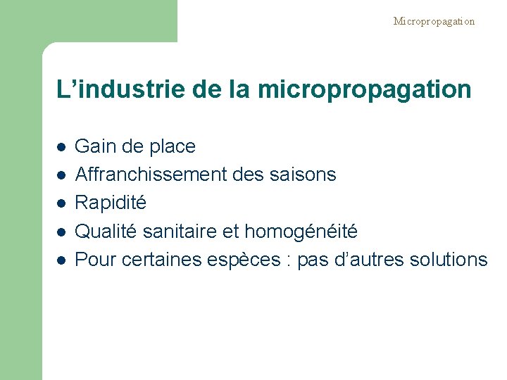 Micropropagation L’industrie de la micropropagation l l l Gain de place Affranchissement des saisons