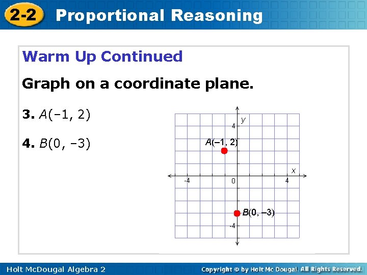 2 -2 Proportional Reasoning Warm Up Continued Graph on a coordinate plane. 3. A(–