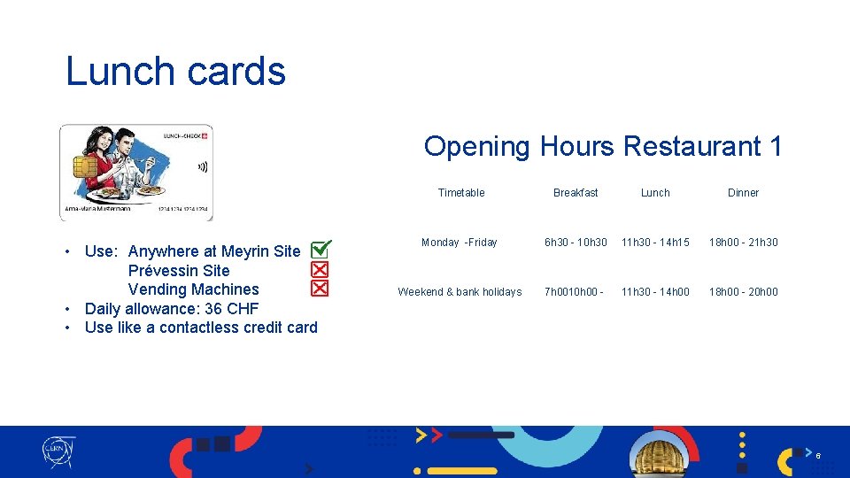 Lunch cards Opening Hours Restaurant 1 • Use: Anywhere at Meyrin Site Prévessin Site