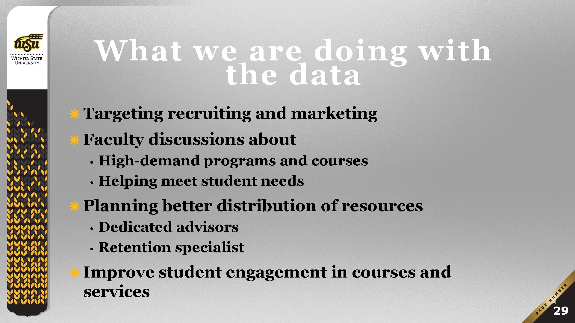 What we are doing with the data Targeting recruiting and marketing Faculty discussions about