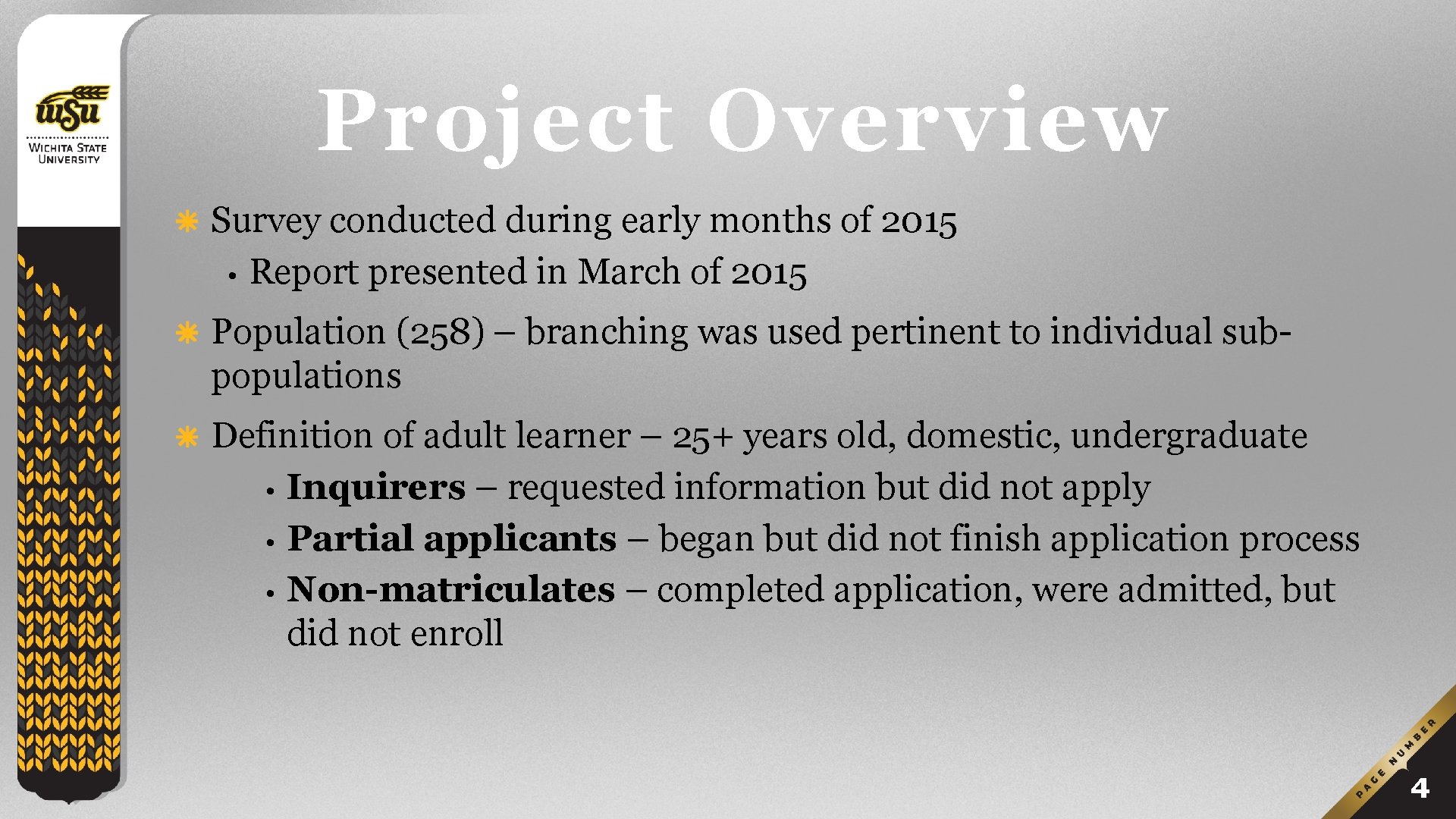 Project Overview Survey conducted during early months of 2015 • Report presented in March