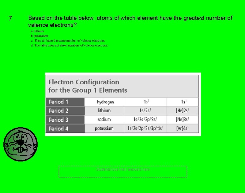 7 Based on the table below, atoms of which element have the greatest number