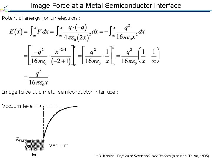 Image Force at a Metal Semiconductor Interface Potential energy for an electron : Image