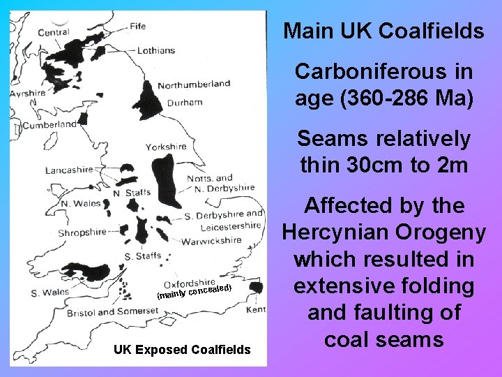Main UK Coalfields Carboniferous in age (360 -286 Ma) Seams relatively thin 30 cm