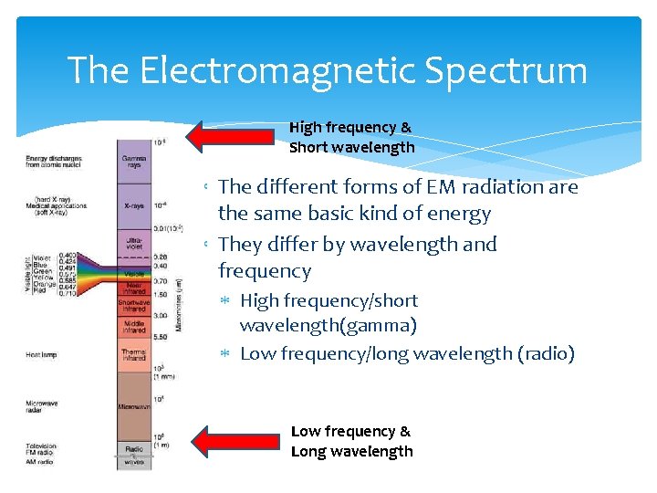The Electromagnetic Spectrum High frequency & Short wavelength The different forms of EM radiation