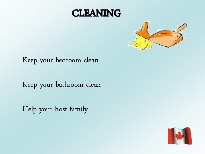 CLEANING Keep your bedroom clean Keep your bathroom clean Help your host family 