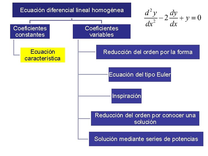 Ecuación diferencial lineal homogénea Coeficientes constantes Ecuación característica Coeficientes variables Reducción del orden por