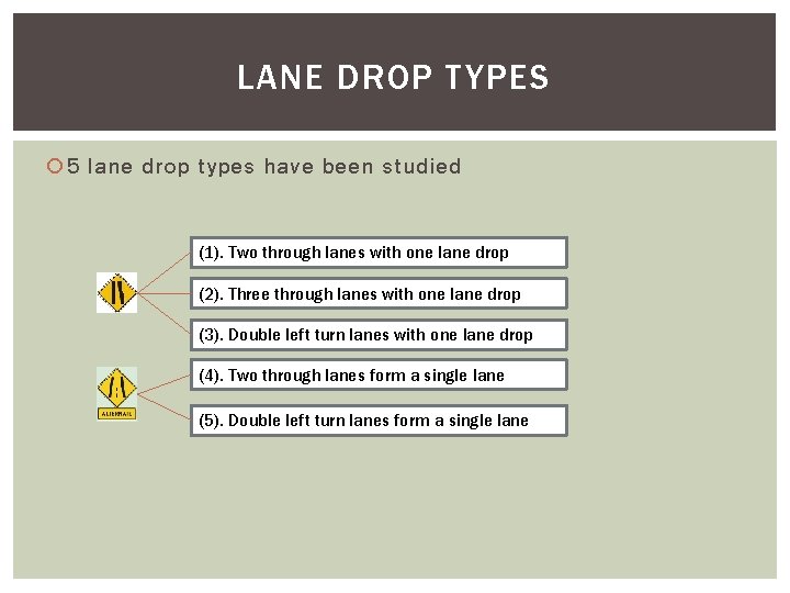 LANE DROP TYPES 5 lane drop types have been studied (1). Two through lanes