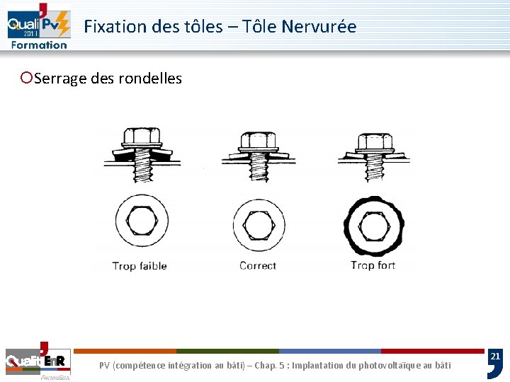Fixation des tôles – Tôle Nervurée ¡Serrage des rondelles PV (compétence intégration au bâti)