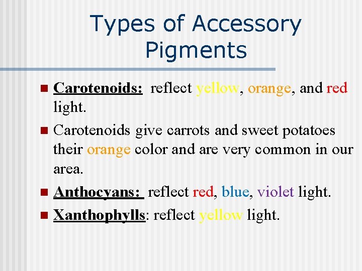 Types of Accessory Pigments Carotenoids: reflect yellow, orange, and red light. n Carotenoids give