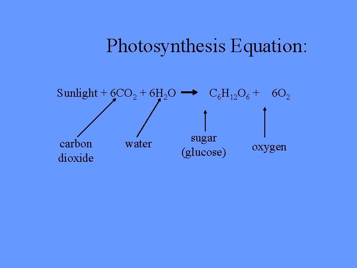 Photosynthesis Equation: Sunlight + 6 CO 2 + 6 H 2 O carbon dioxide