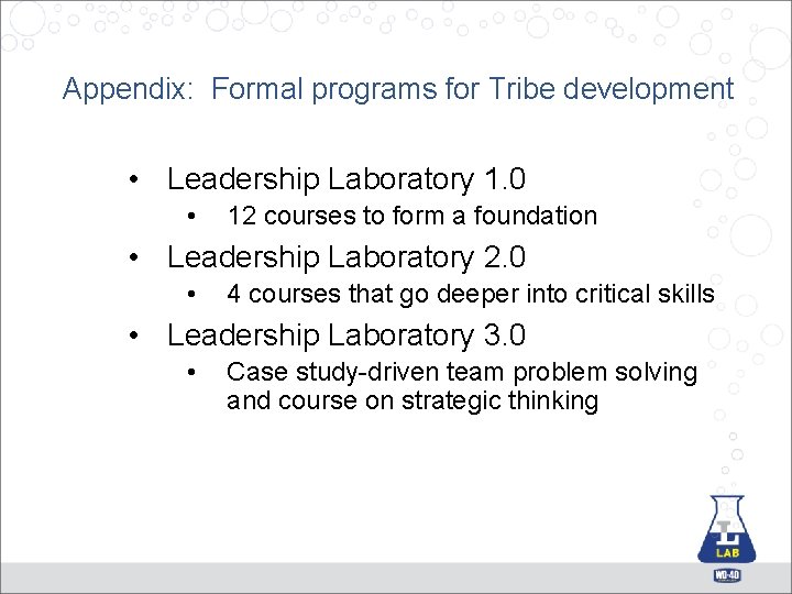 Appendix: Formal programs for Tribe development • Leadership Laboratory 1. 0 • 12 courses