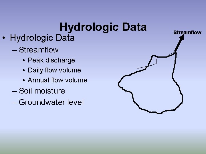 Hydrologic Data • Hydrologic Data – Streamflow • Peak discharge • Daily flow volume
