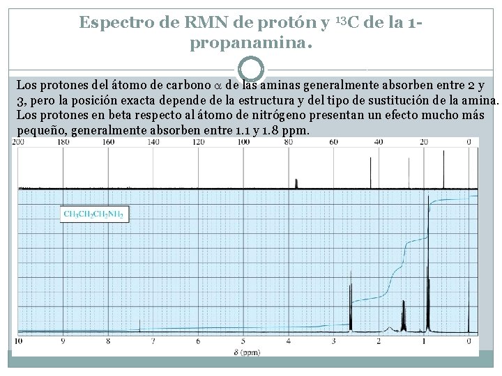 Espectro de RMN de protón y 13 C de la 1 propanamina. Los protones