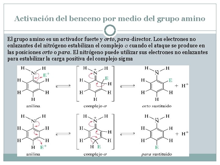 Activación del benceno por medio del grupo amino El grupo amino es un activador